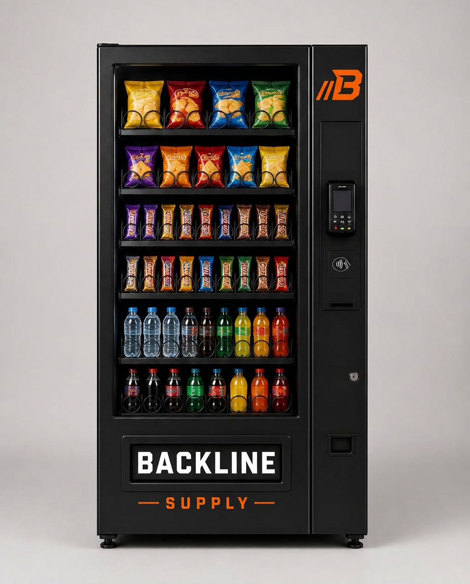 Black snack and cold drink vending machine branded with the Backline Supply logo