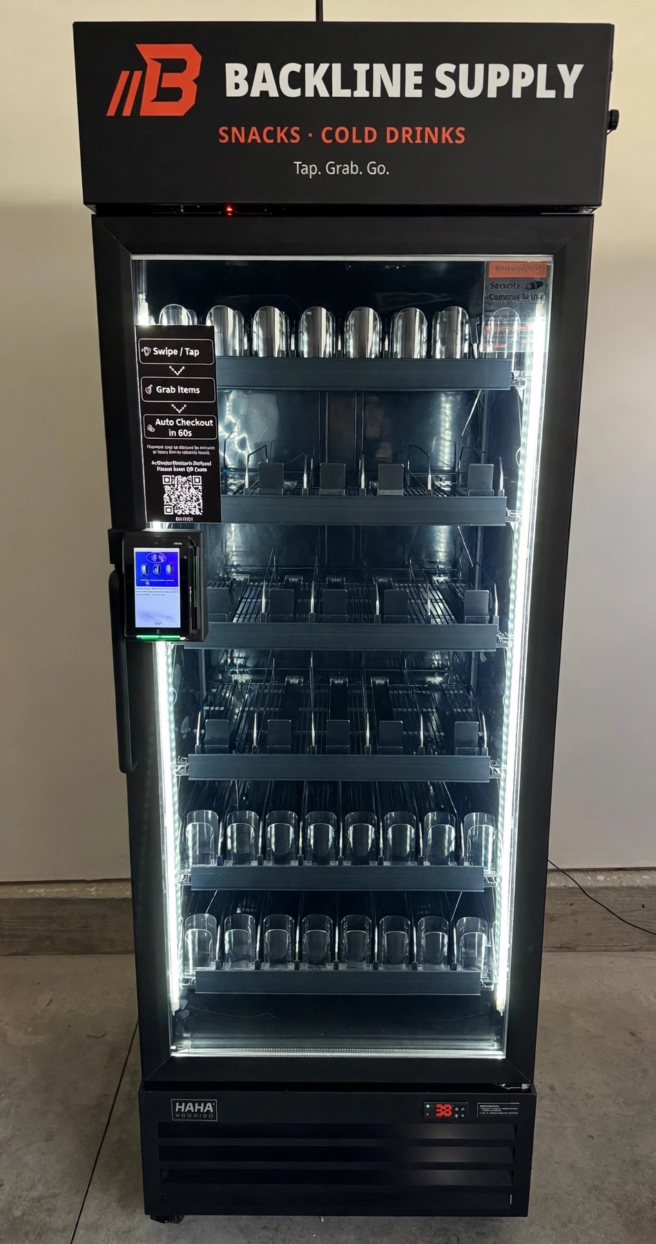 Black glass-door Backline Supply smart cooler