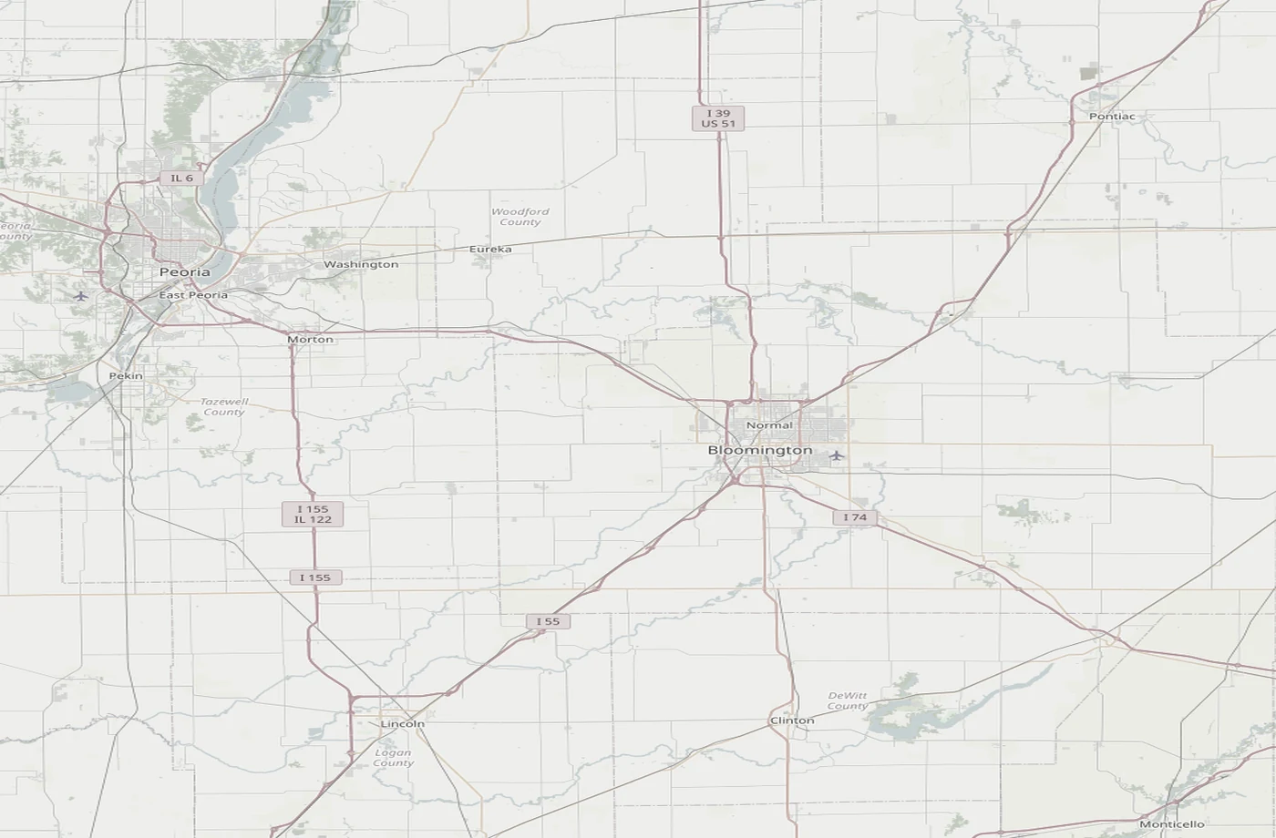 Central Illinois road map centered on Bloomington-Normal, Lincoln, and Roanoke